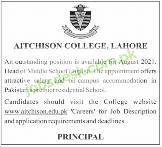Aitchison College Jobs in Lahore May 2021