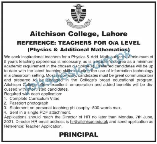 Aitchison College O/A Level Teachers Jobs in Lahore May 2021