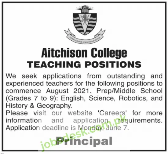 New Aitchison College Teacher Jobs in Lahore 18 May 2021