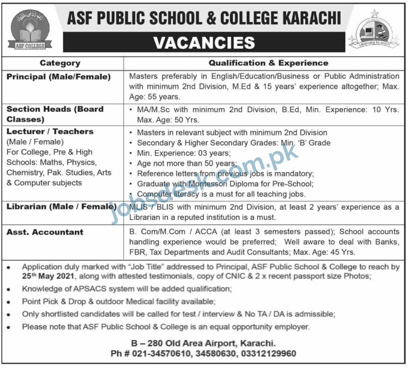 Asf Public School and College Jobs in Karachi May 2021
