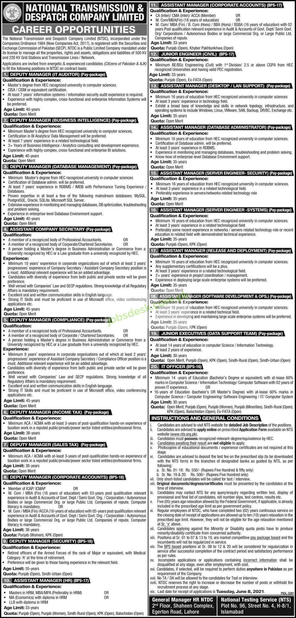National Transmission & Despatch Company Jobs May 2021