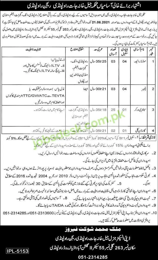Jail Khana Jaat/Prison Department Jobs in Rawalpindi