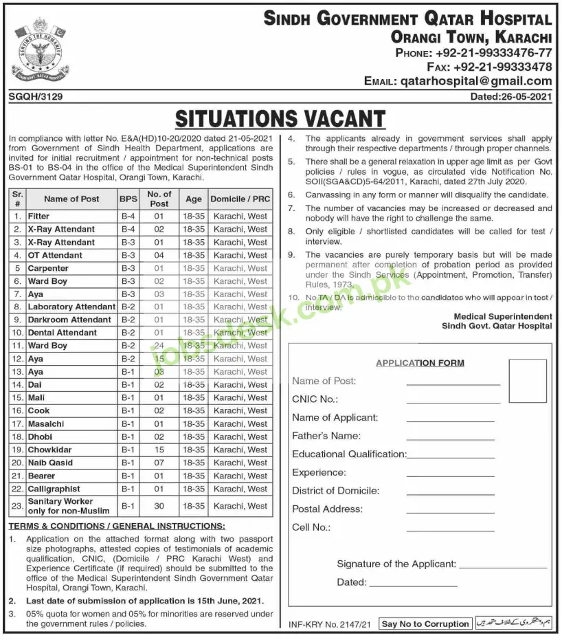 Sindh Government Qatar Hospital Jobs in Karachi 120+ Posts