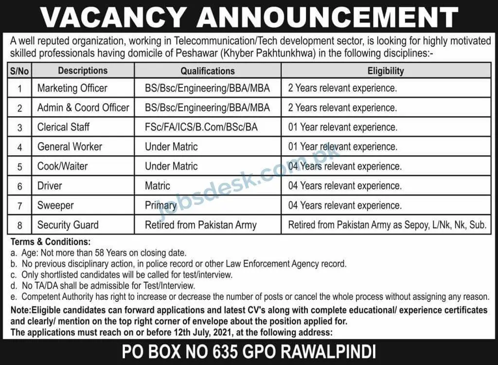 Telecom Organization Jobs in Peshawar | PO Box 635 Rawalpindi