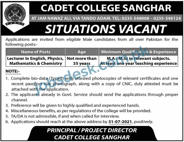 Cadet College Sanghar Jobs in July 2021