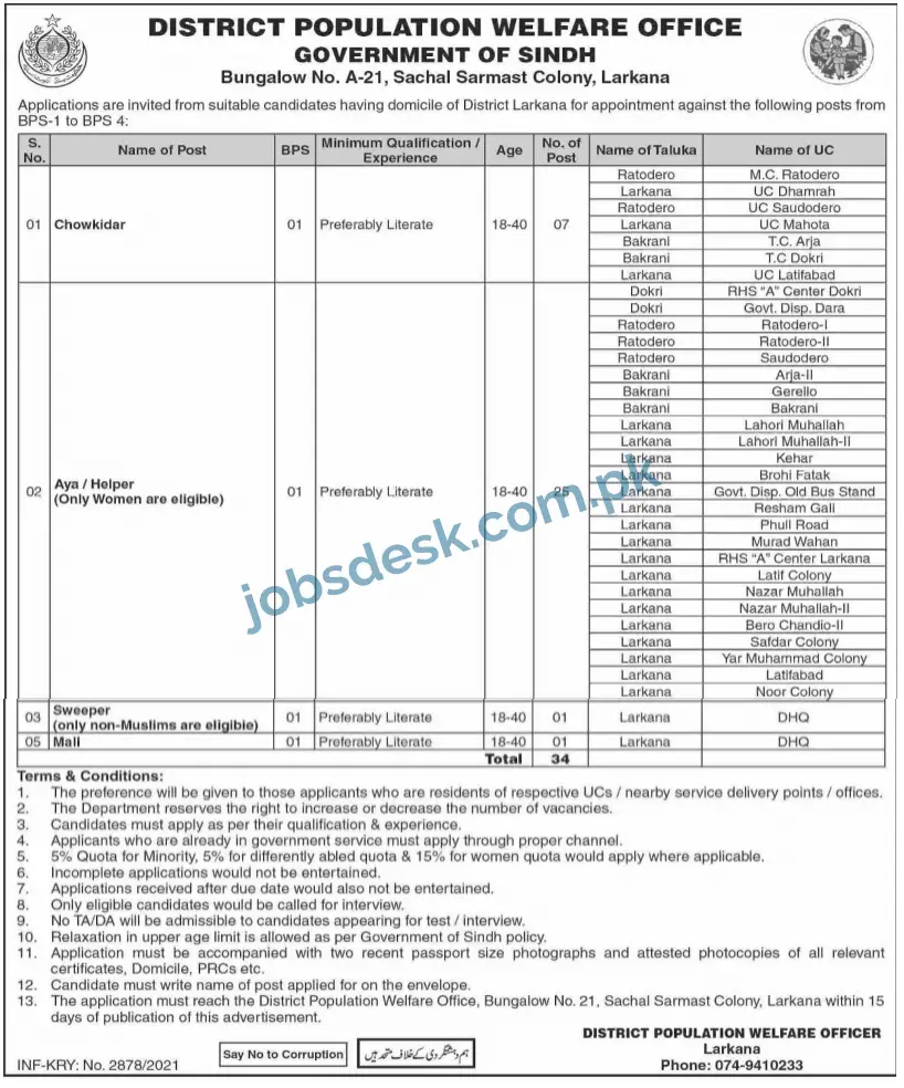 District Population Welfare Office Jobs in Larkana | Sindh Govt Jobs