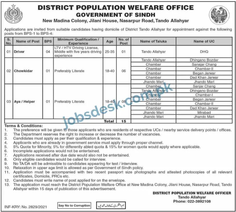 District Population Welfare Office Jobs in Tando Allahyar | Sindh Govt Jobs