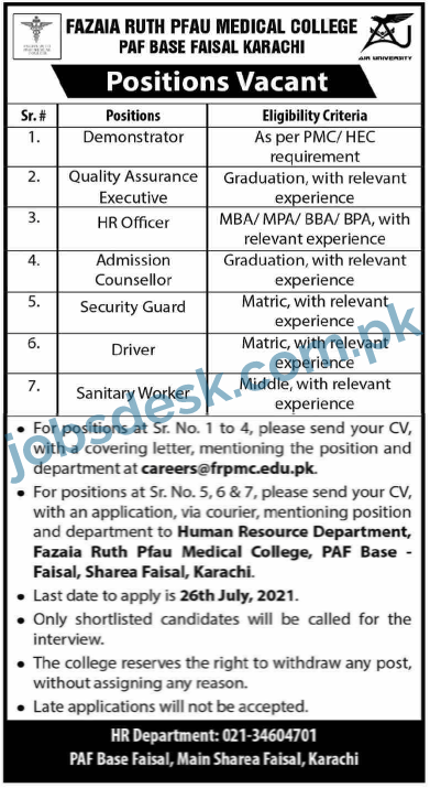 Fazaia Ruth Pfau Medical College Jobs in Karachi 2021