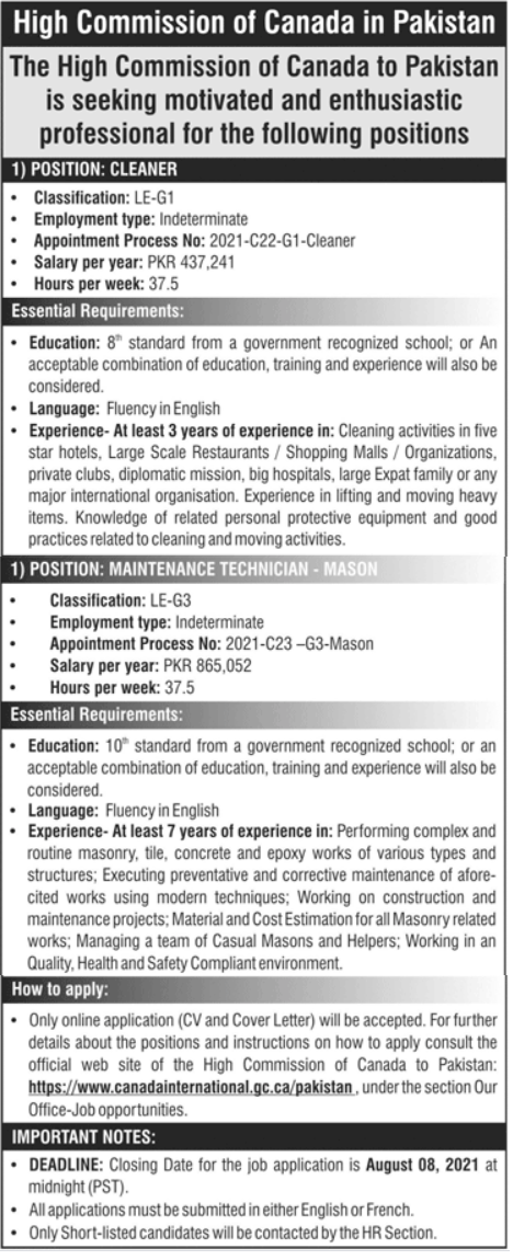 Canada High Commission Jobs in Pakistan July 2021