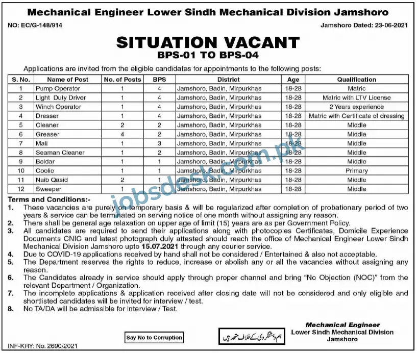 Lower Sindh Mechanical Division Jobs in Jamshoro 2021 | Sindh Govt Jobs