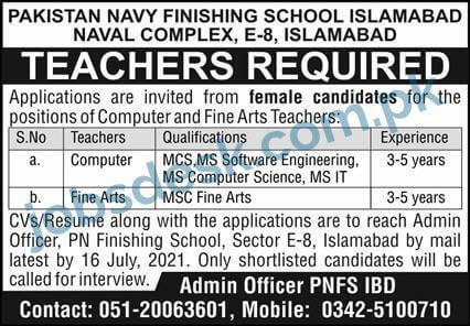 Pakistan Navy Finishing School Teachers Jobs