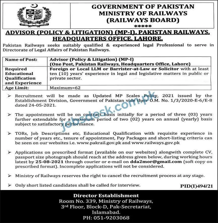 Ministry of Railway Jobs in Lahore 2021