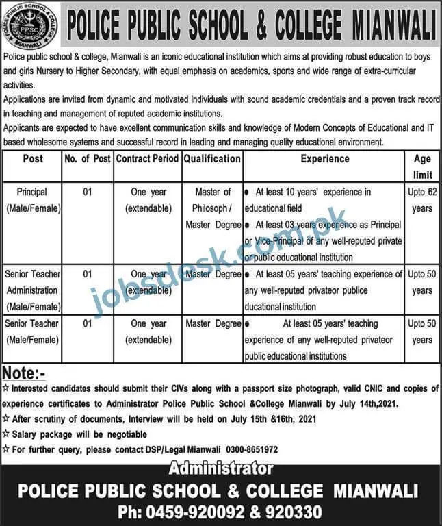Police Public School and College Mianwali Jobs