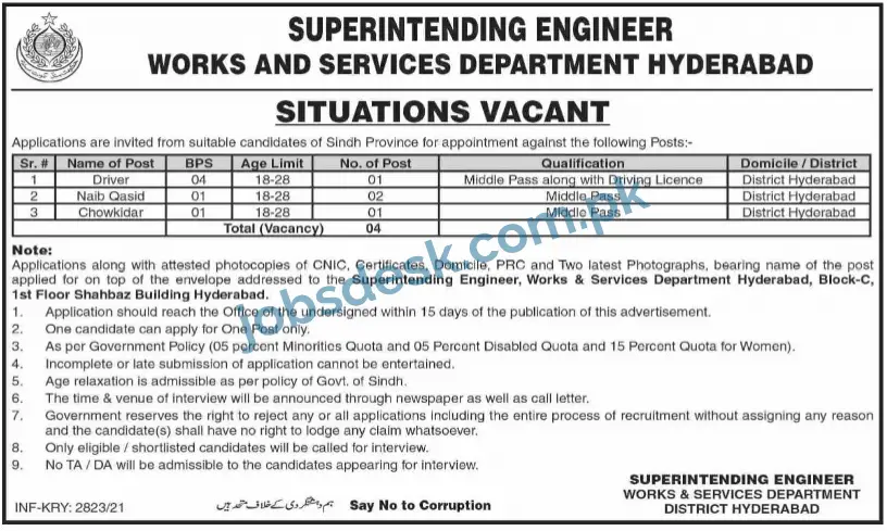 Works and Services Department Hyderabad Jobs | Sindh Govt Jobs
