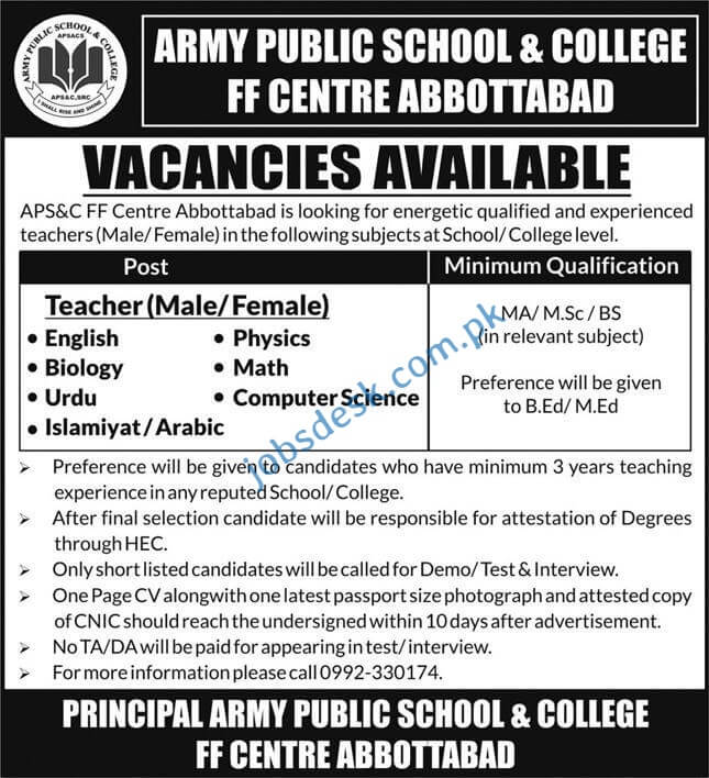 APSC FF Centre Abbottabad Jobs Aug 2021