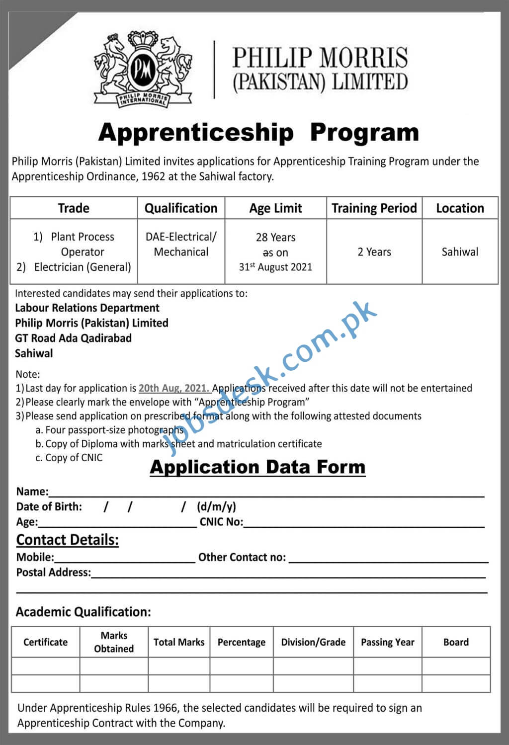 Apprenticeship in Philip Morris Pakistan 2021