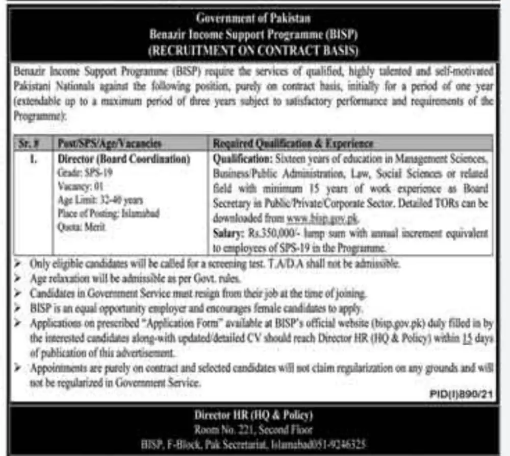 BISP Jobs for Director in Pakistan Aug 2021