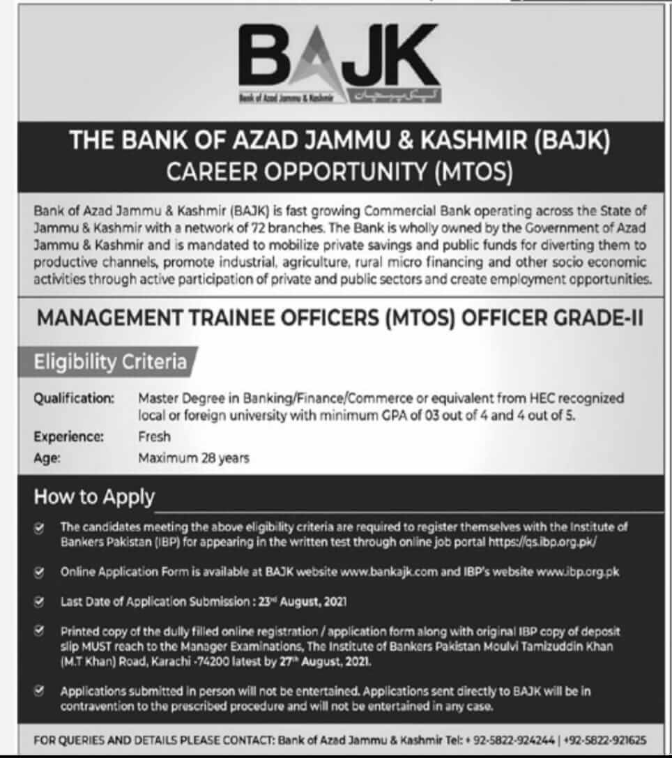 AJK Bank MTO Jobs Batch 2021