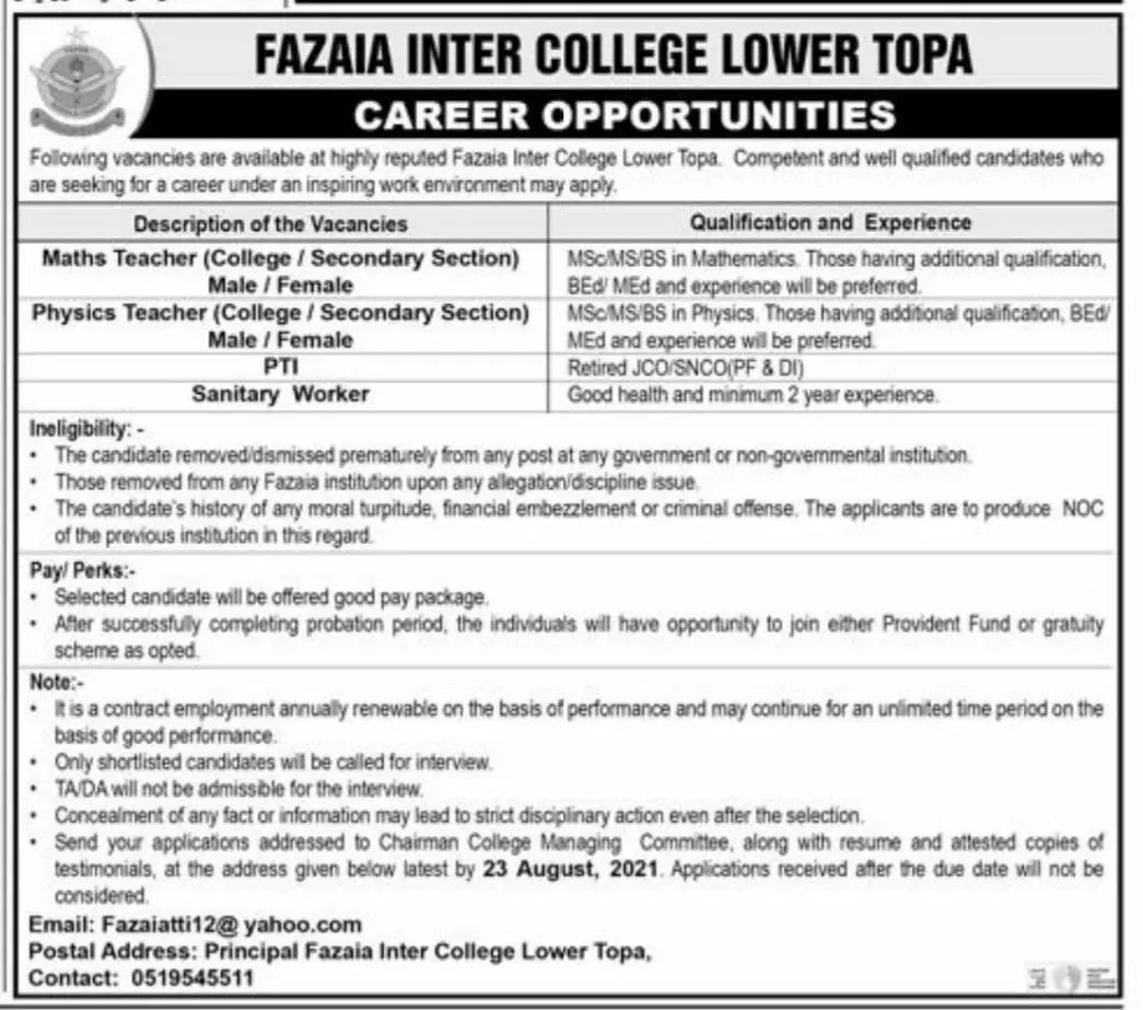 Fazaia Inter College Jobs in Lower Topa 2021