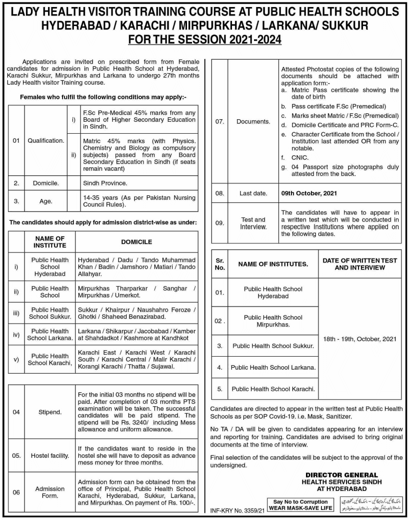 Lady Health Visitors LHV Training Jobs in Sindh August 2021