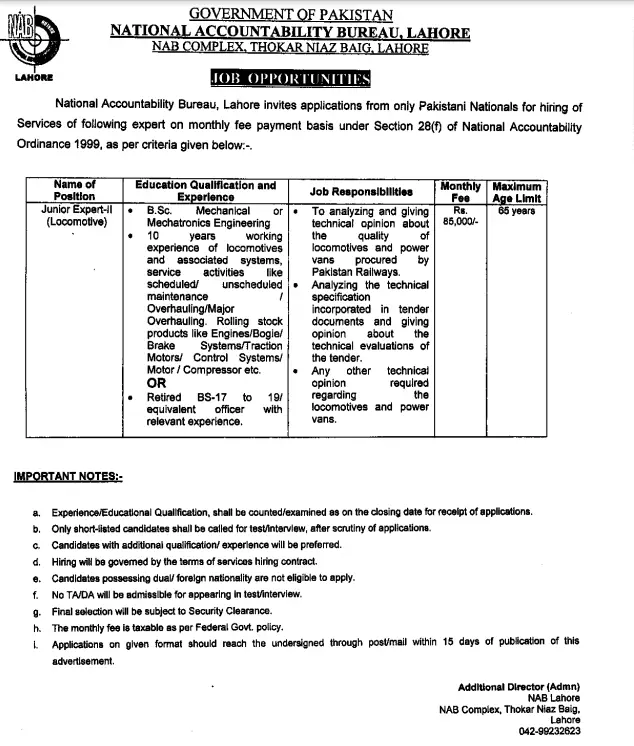 NAB Lahore Jobs August 2021