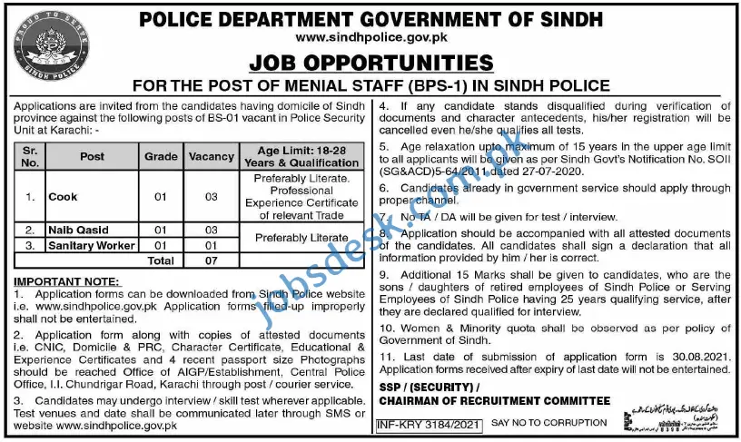 New Sindh Police Jobs Aug 2021