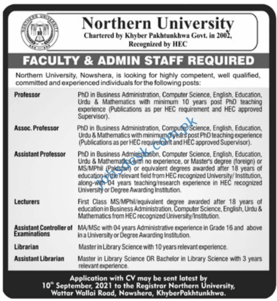 Northern University Jobs in Nowshera Aug 2021