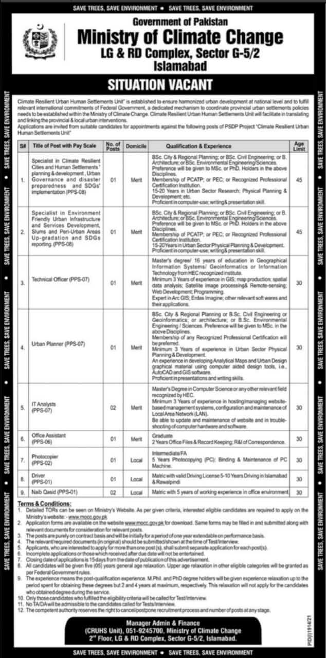 Ministry of Climate Change MOCC Jobs in Islamabad Sept 2021