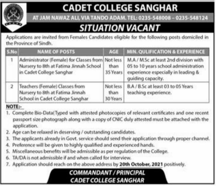 Cadet College Sanghar Jobs in Oct 2021