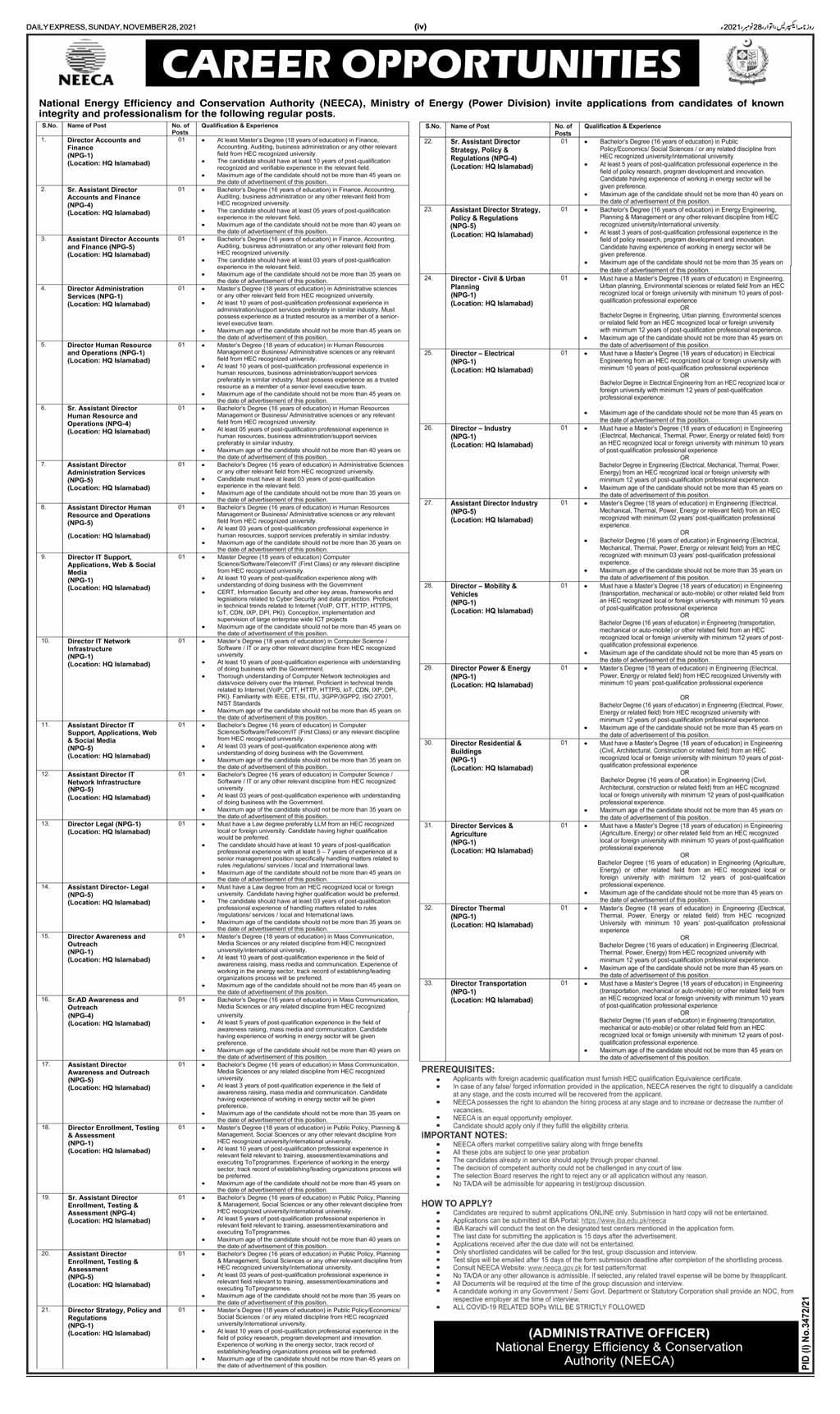 NEECA Jobs in Ministry of Power Islamabad Nov 2021