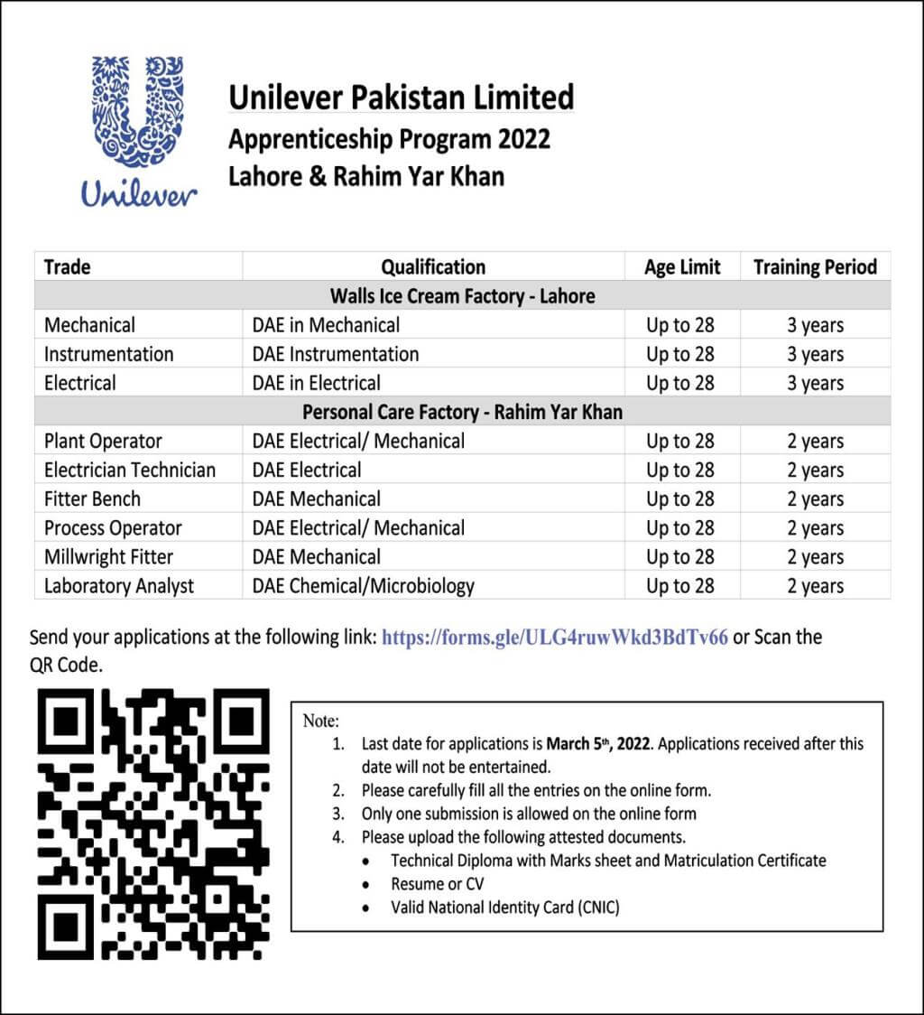 Apprenticeship in Unilever Pakistan Feb 2022