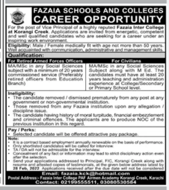 Fazaia Inter College Jobs in Karachi 2022