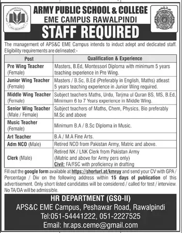 Teachers Jobs in APSC EME Campus Rawalpindi Oct 2022